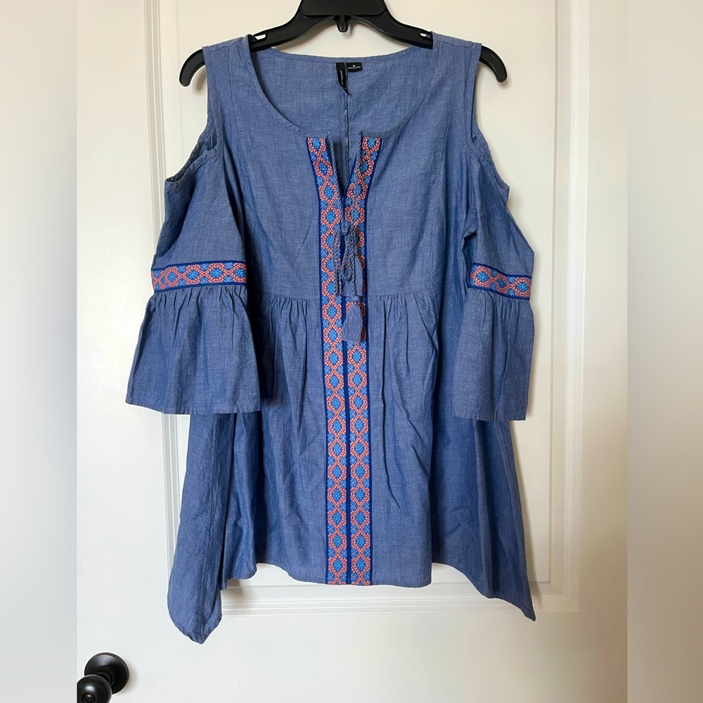 Women’s denim style tunic with cold shoulders, size M